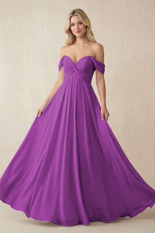 Off - the - Shoulder Chiffon A - Line Long Bridesmaid Dress in Amethyst - KissProm Bridesmaid Dresses