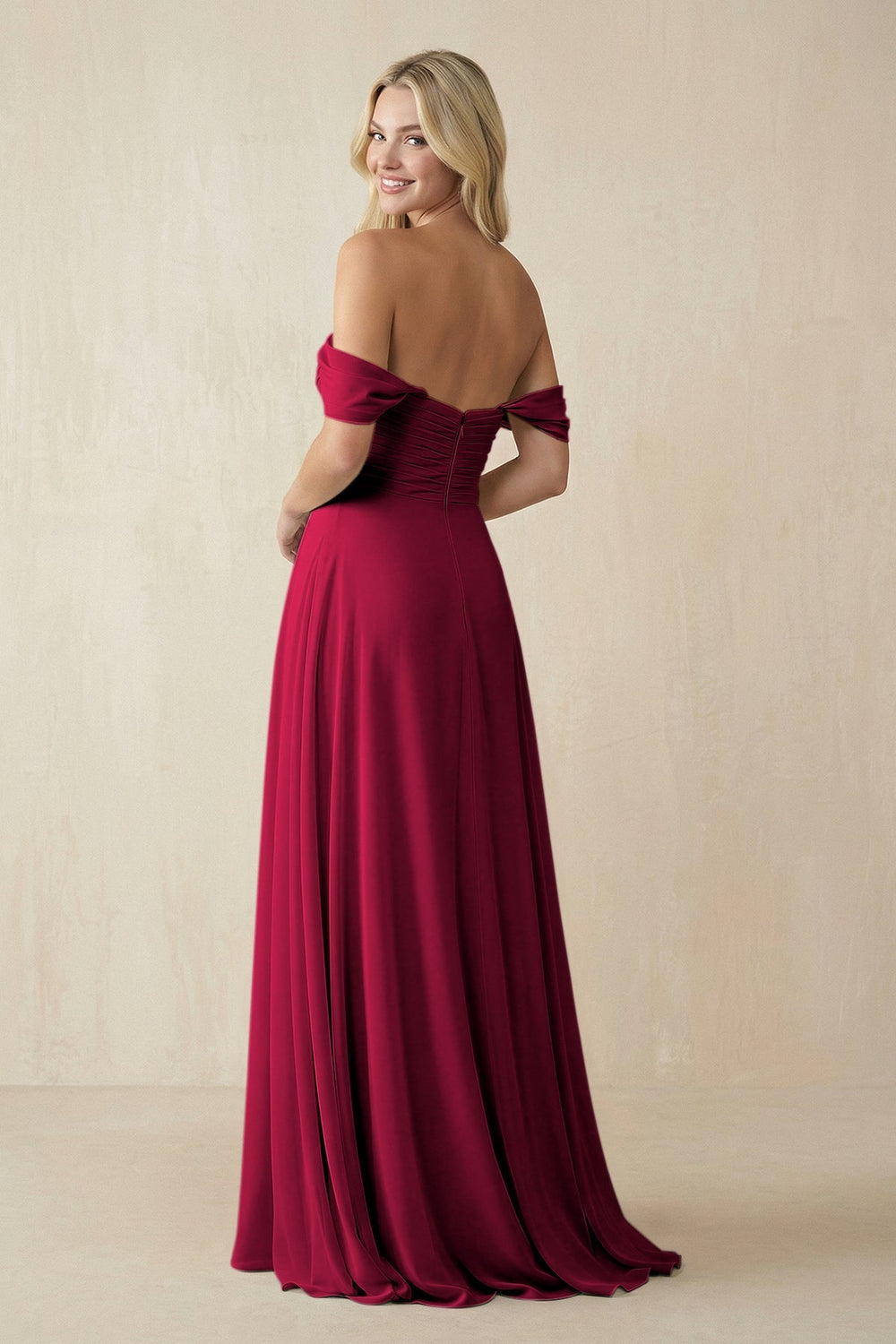 Off - the - Shoulder Chiffon A - Line Long Bridesmaid Dress in Berry - KissProm Bridesmaid Dresses