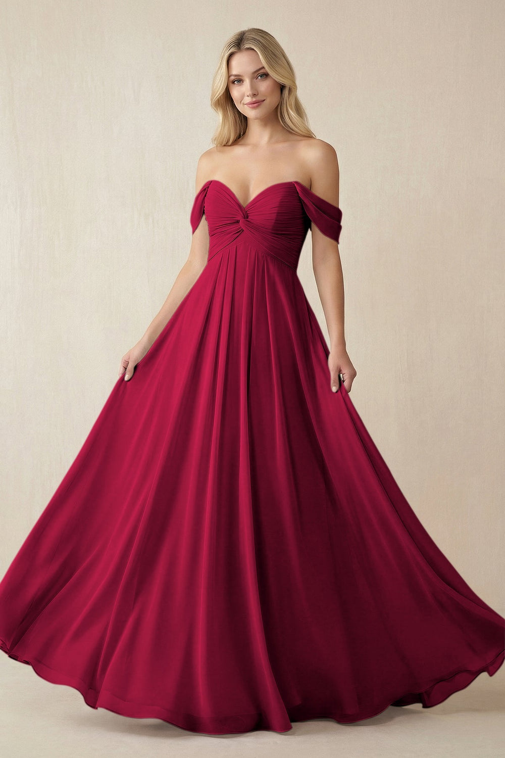 Off - the - Shoulder Chiffon A - Line Long Bridesmaid Dress in Berry - KissProm Bridesmaid Dresses