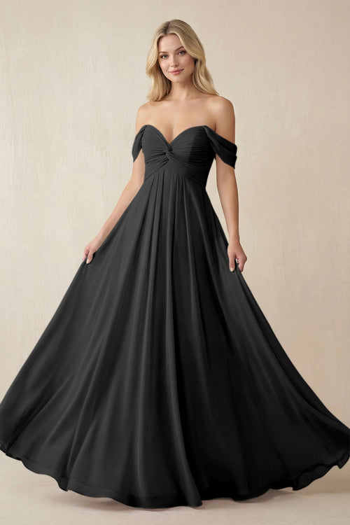 Off-the-Shoulder Chiffon A-Line Long Bridesmaid Dress in Black, Black / 4 Off-the-Shoulder Chiffon A-Line Long Bridesmaid Dress in Black, Black / 4