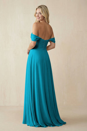 Off - the - Shoulder Chiffon A - Line Long Bridesmaid Dress in Blue Jay - KissProm Bridesmaid Dresses