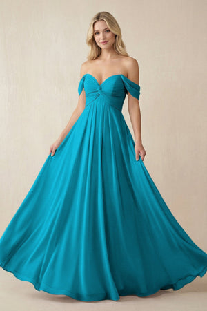 Off - the - Shoulder Chiffon A - Line Long Bridesmaid Dress in Blue Jay - KissProm Bridesmaid Dresses