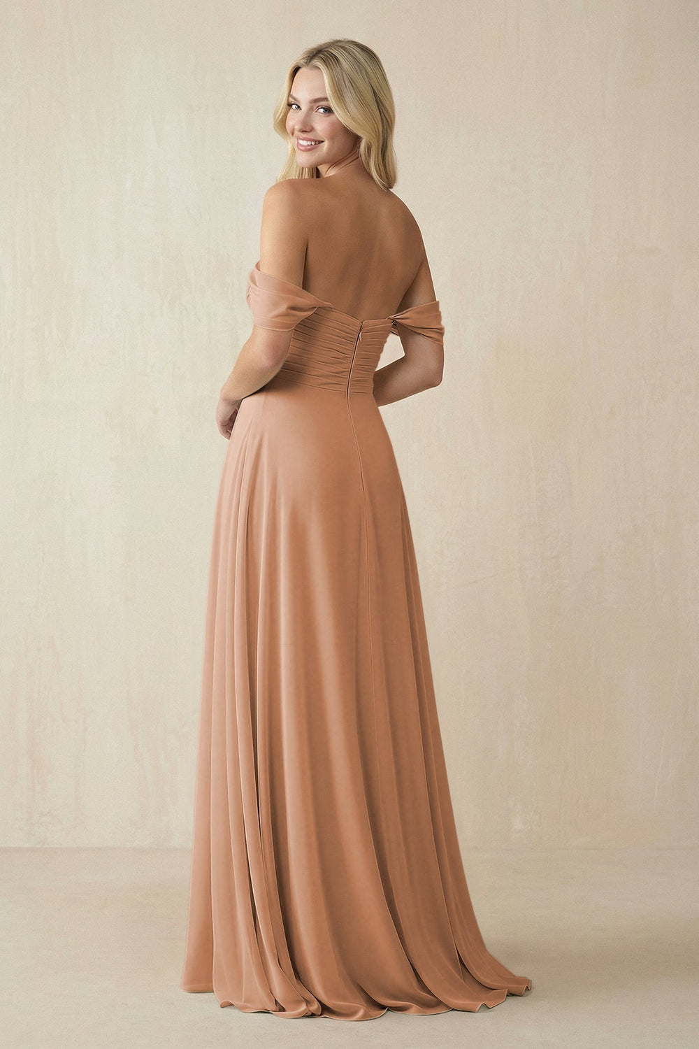 Off - the - Shoulder Chiffon A - Line Long Bridesmaid Dress in Bronzer - KissProm Bridesmaid Dresses