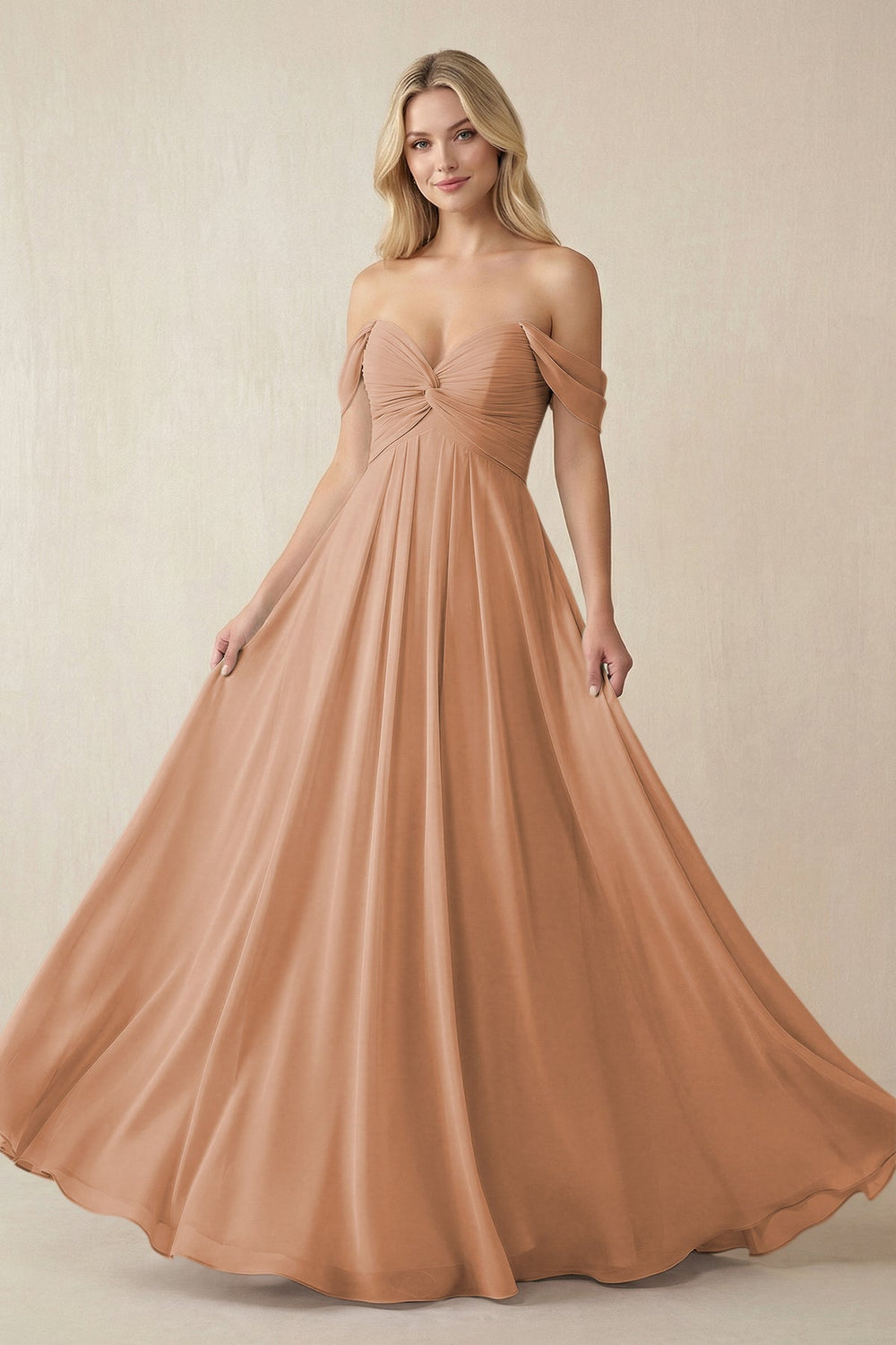Off - the - Shoulder Chiffon A - Line Long Bridesmaid Dress in Bronzer - KissProm Bridesmaid Dresses