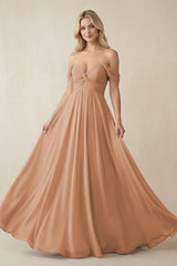 Off - the - Shoulder Chiffon A - Line Long Bridesmaid Dress in Bronzer - KissProm Bridesmaid Dresses