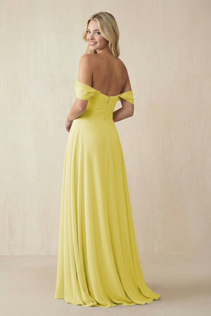 Off - the - Shoulder Chiffon A - Line Long Bridesmaid Dress in Buttercup - KissProm Bridesmaid Dresses