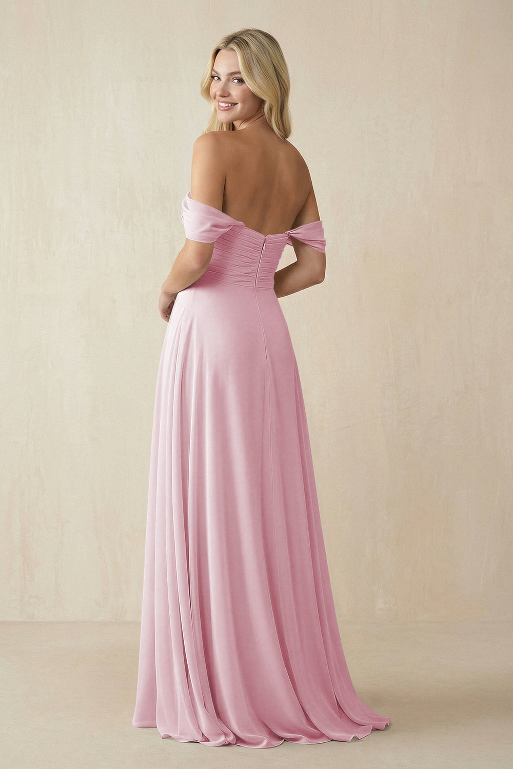 Off - the - Shoulder Chiffon A - Line Long Bridesmaid Dress in Candy Pink - KissProm Bridesmaid Dresses