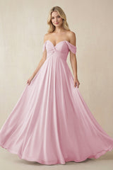 Off - the - Shoulder Chiffon A - Line Long Bridesmaid Dress in Candy Pink - KissProm Bridesmaid Dresses