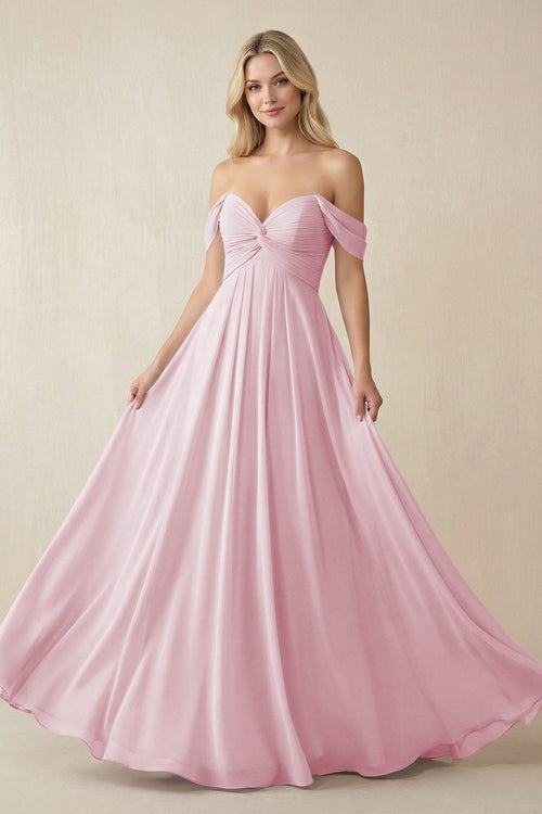 Off-the-Shoulder Chiffon A-Line Long Bridesmaid Dress in Candy Pink, Candy Pink / 4