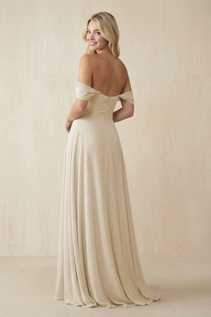 Off - the - Shoulder Chiffon A - Line Long Bridesmaid Dress in Champagne - KissProm Bridesmaid Dresses