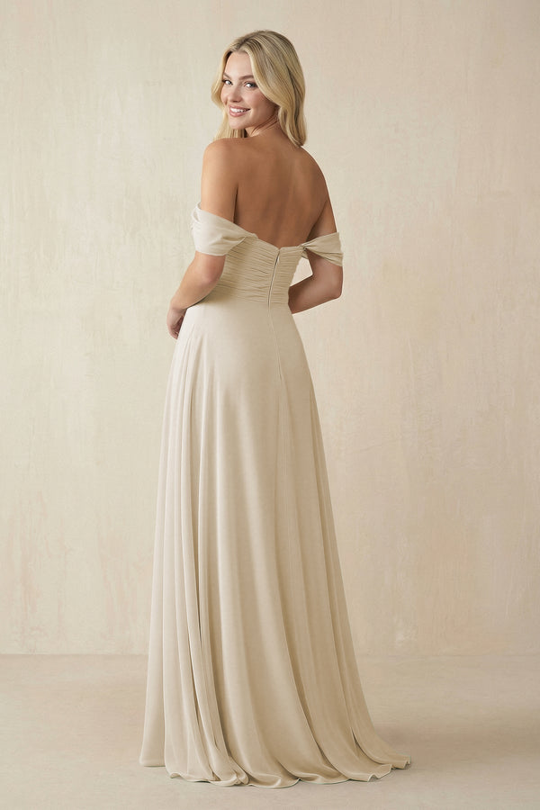 Off - the - Shoulder Chiffon A - Line Long Bridesmaid Dress in Champagne - KissProm Bridesmaid Dresses