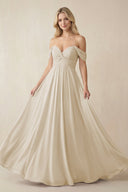 Off - the - Shoulder Chiffon A - Line Long Bridesmaid Dress in Champagne - KissProm Bridesmaid Dresses