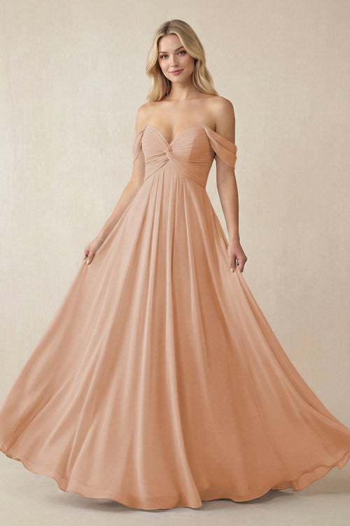 KissProm Off-the-Shoulder Chiffon A-Line Long Bridesmaid Dress in Champagne Rose, Champagne Rose / 20