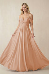 Off - the - Shoulder Chiffon A - Line Long Bridesmaid Dress in Champagne Rose - KissProm Bridesmaid Dresses