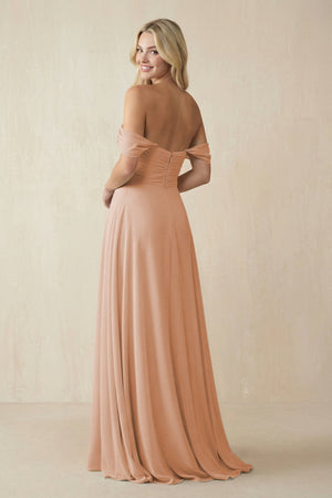 Off - the - Shoulder Chiffon A - Line Long Bridesmaid Dress in Champagne Rose - KissProm Bridesmaid Dresses