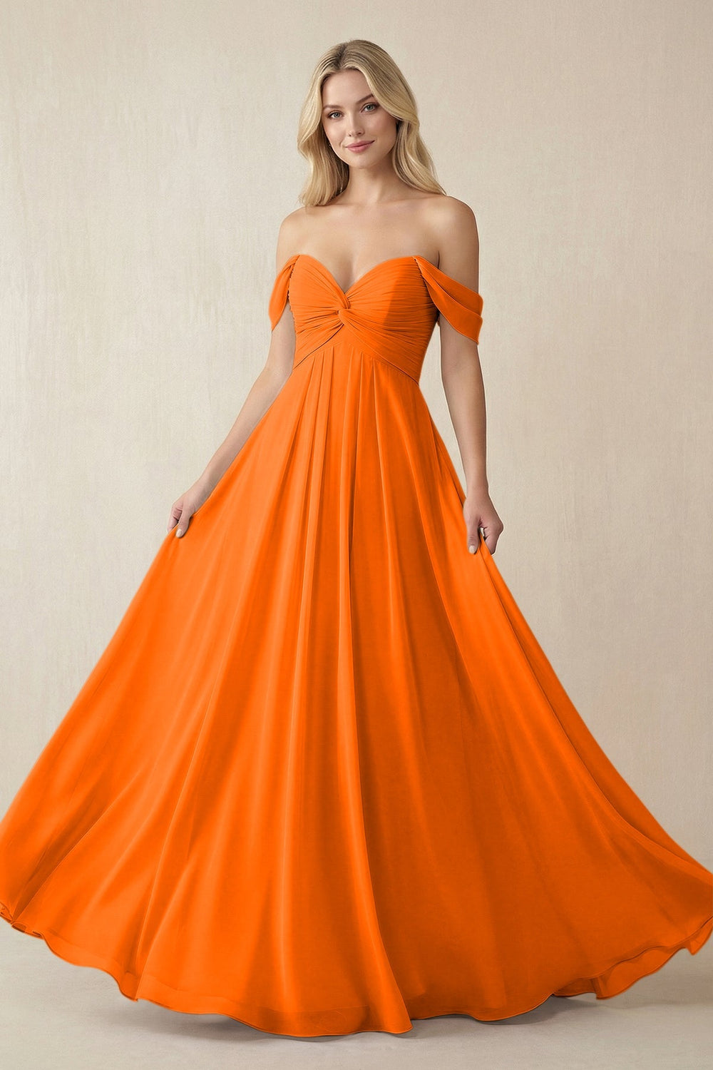 Off - the - Shoulder Chiffon A - Line Long Bridesmaid Dress in Cinnamon - KissProm Bridesmaid Dresses
