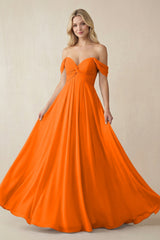 Off - the - Shoulder Chiffon A - Line Long Bridesmaid Dress in Cinnamon - KissProm Bridesmaid Dresses