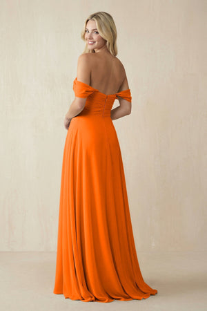 Off - the - Shoulder Chiffon A - Line Long Bridesmaid Dress in Cinnamon - KissProm Bridesmaid Dresses