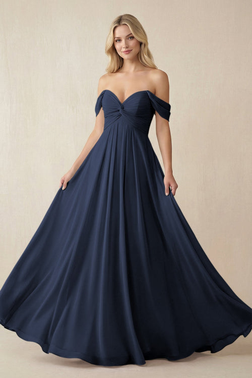 Off - the - Shoulder Chiffon A - Line Long Bridesmaid Dress in Dark Navy - KissProm Bridesmaid Dresses