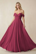 Off - the - Shoulder Chiffon A - Line Long Bridesmaid Dress in Desert Rose - KissProm Bridesmaid Dresses