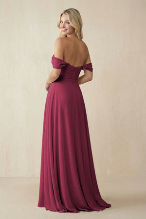 Off - the - Shoulder Chiffon A - Line Long Bridesmaid Dress in Desert Rose - KissProm Bridesmaid Dresses