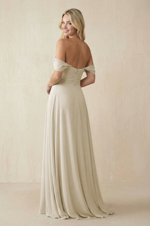 Off - the - Shoulder Chiffon A - Line Long Bridesmaid Dress in Dove Gray - KissProm Bridesmaid Dresses