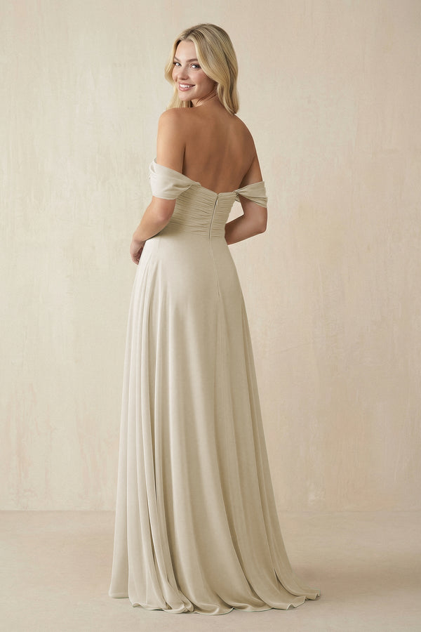 Off - the - Shoulder Chiffon A - Line Long Bridesmaid Dress in Dove Gray - KissProm Bridesmaid Dresses