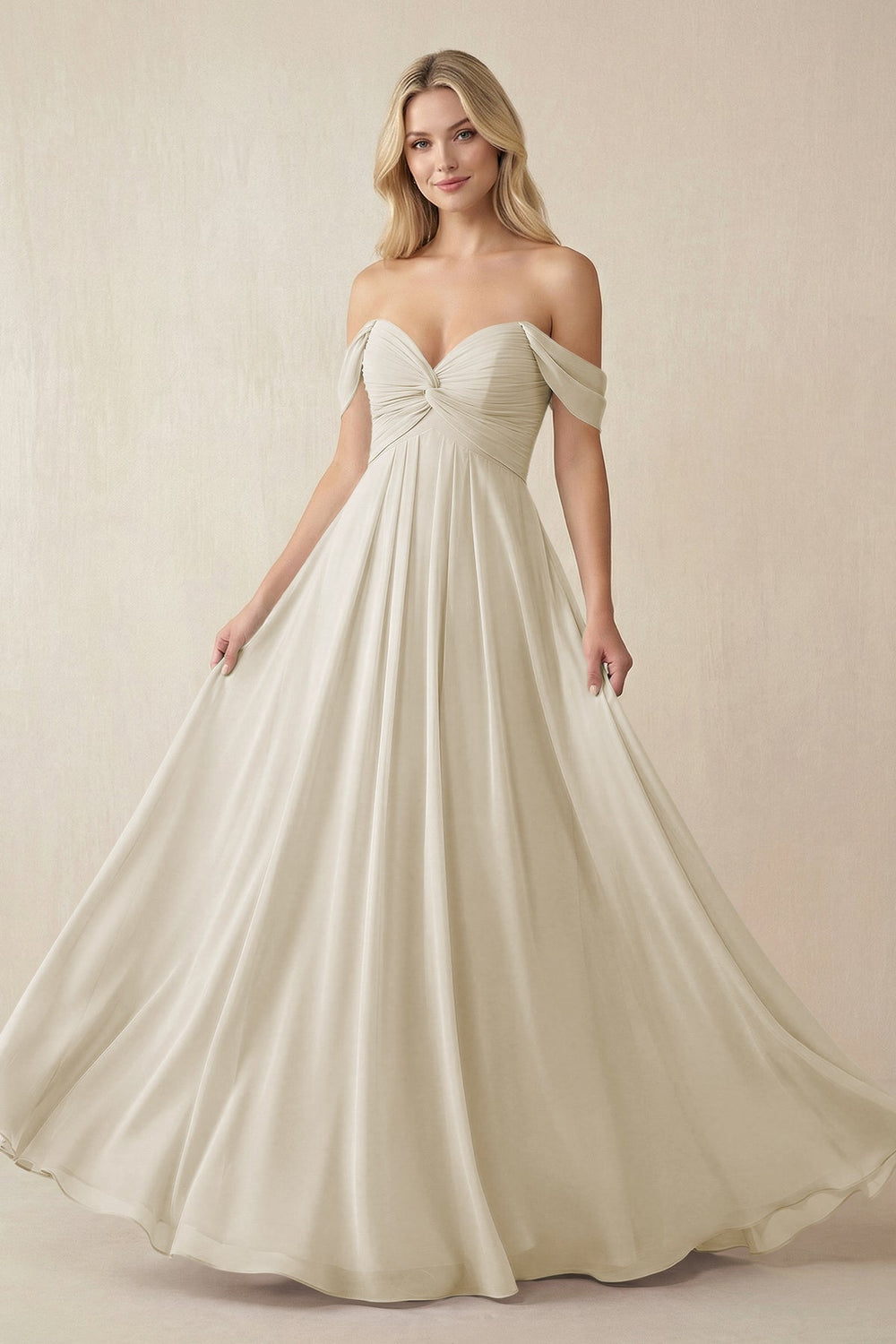 Off - the - Shoulder Chiffon A - Line Long Bridesmaid Dress in Dove Gray - KissProm Bridesmaid Dresses