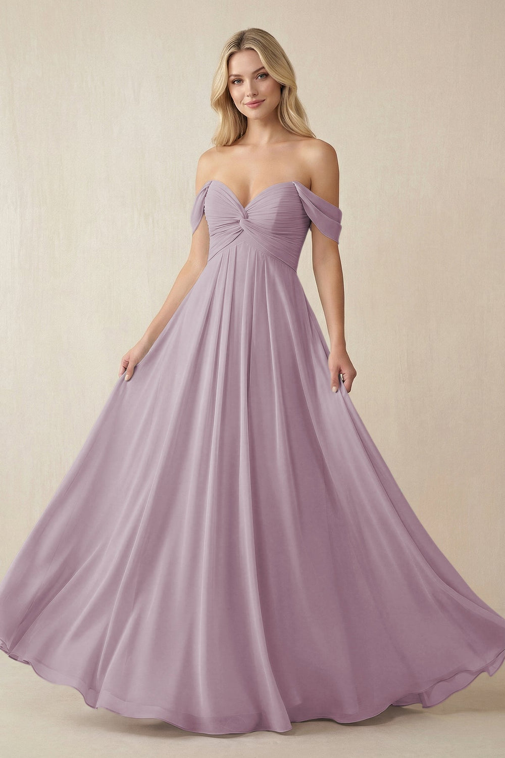 Off - the - Shoulder Chiffon A - Line Long Bridesmaid Dress in Dusk - KissProm Bridesmaid Dresses