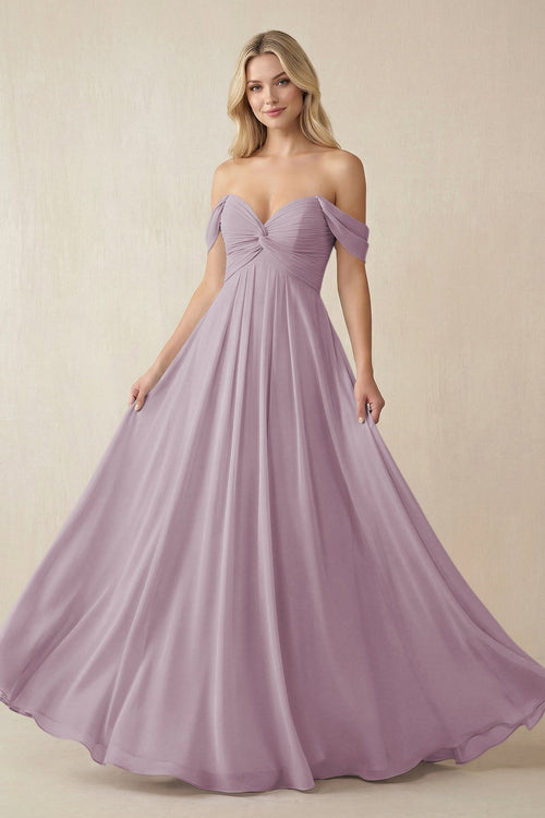 Off - the - Shoulder Chiffon A - Line Long Bridesmaid Dress in Dusk - KissProm Bridesmaid Dresses