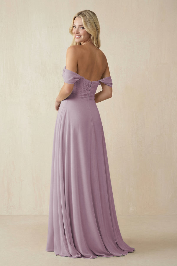 Off - the - Shoulder Chiffon A - Line Long Bridesmaid Dress in Dusk - KissProm Bridesmaid Dresses