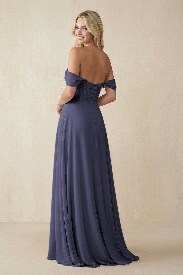 Off - the - Shoulder Chiffon A - Line Long Bridesmaid Dress in Dusk Blue - KissProm Bridesmaid Dresses