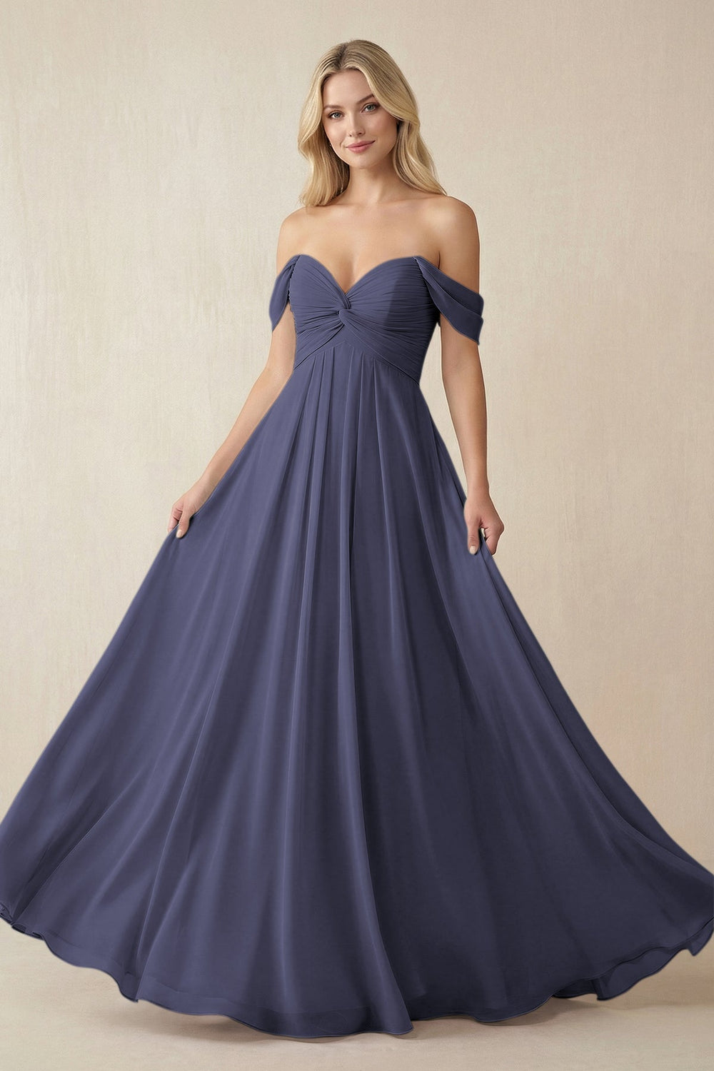 Off - the - Shoulder Chiffon A - Line Long Bridesmaid Dress in Dusk Blue - KissProm Bridesmaid Dresses