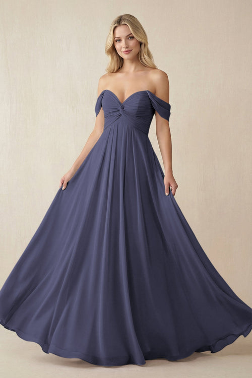 Off - the - Shoulder Chiffon A - Line Long Bridesmaid Dress in Dusk Blue - KissProm Bridesmaid Dresses
