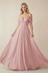 Off - the - Shoulder Chiffon A - Line Long Bridesmaid Dress in Dusty Rose - KissProm Bridesmaid Dresses