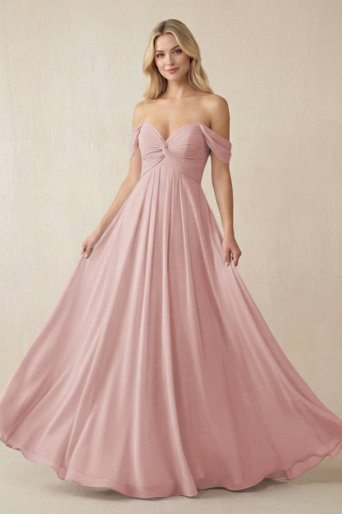 Off-the-Shoulder Chiffon A-Line Long Bridesmaid Dress in Dusty Rose, Dusty Rose / 12