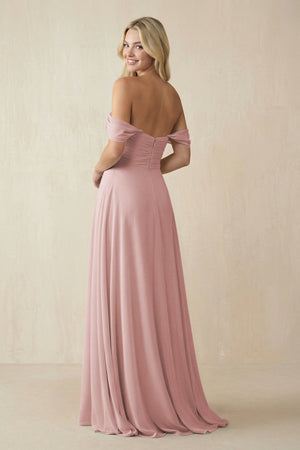 Off - the - Shoulder Chiffon A - Line Long Bridesmaid Dress in Dusty Rose - KissProm Bridesmaid Dresses