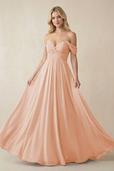 Off - the - Shoulder Chiffon A - Line Long Bridesmaid Dress in English Rose - KissProm Bridesmaid Dresses