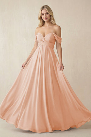 Off - the - Shoulder Chiffon A - Line Long Bridesmaid Dress in English Rose - KissProm Bridesmaid Dresses