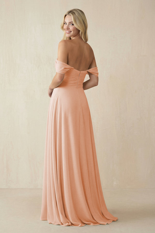 Off - the - Shoulder Chiffon A - Line Long Bridesmaid Dress in English Rose - KissProm Bridesmaid Dresses
