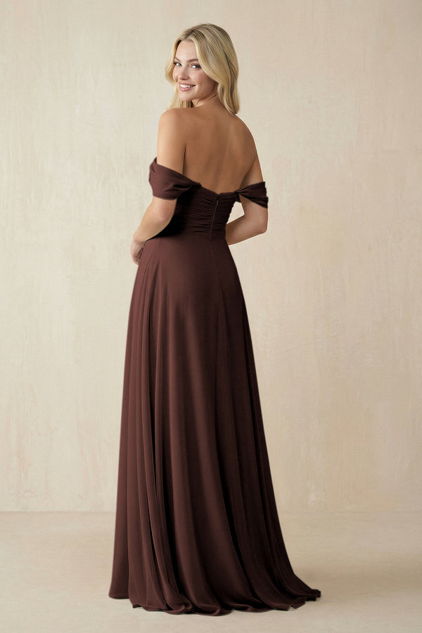 KissProm Off-the-Shoulder Chiffon A-Line Long Bridesmaid Dress in Espresso, Espresso / 2