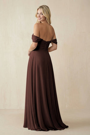 Off - the - Shoulder Chiffon A - Line Long Bridesmaid Dress in Espresso - KissProm Bridesmaid Dresses