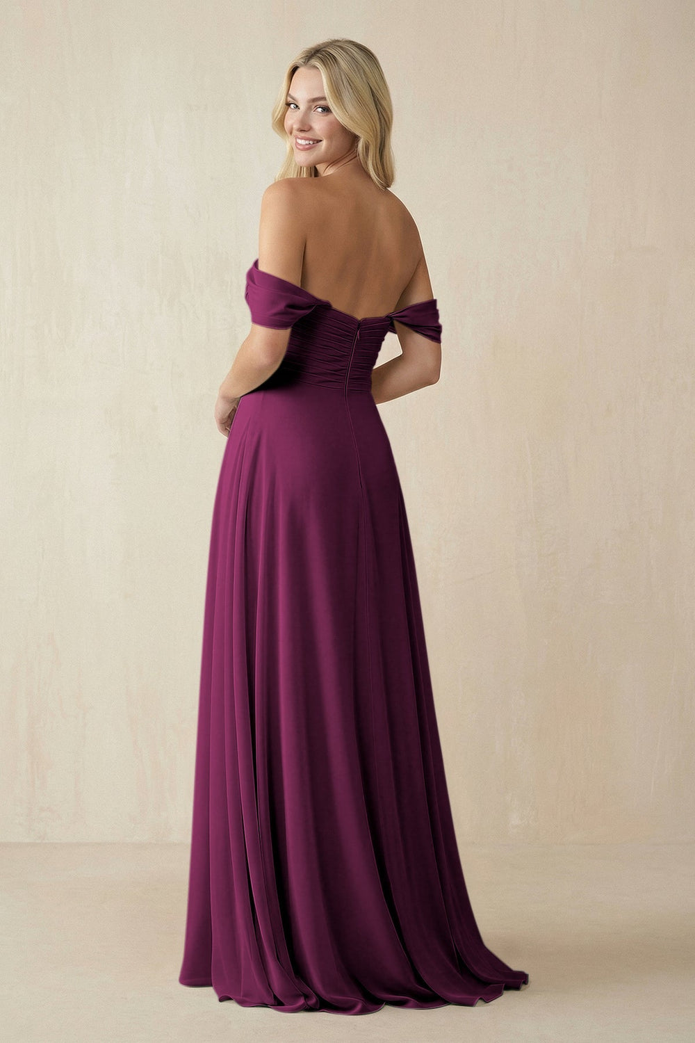 Off - the - Shoulder Chiffon A - Line Long Bridesmaid Dress in Fig - KissProm Bridesmaid Dresses
