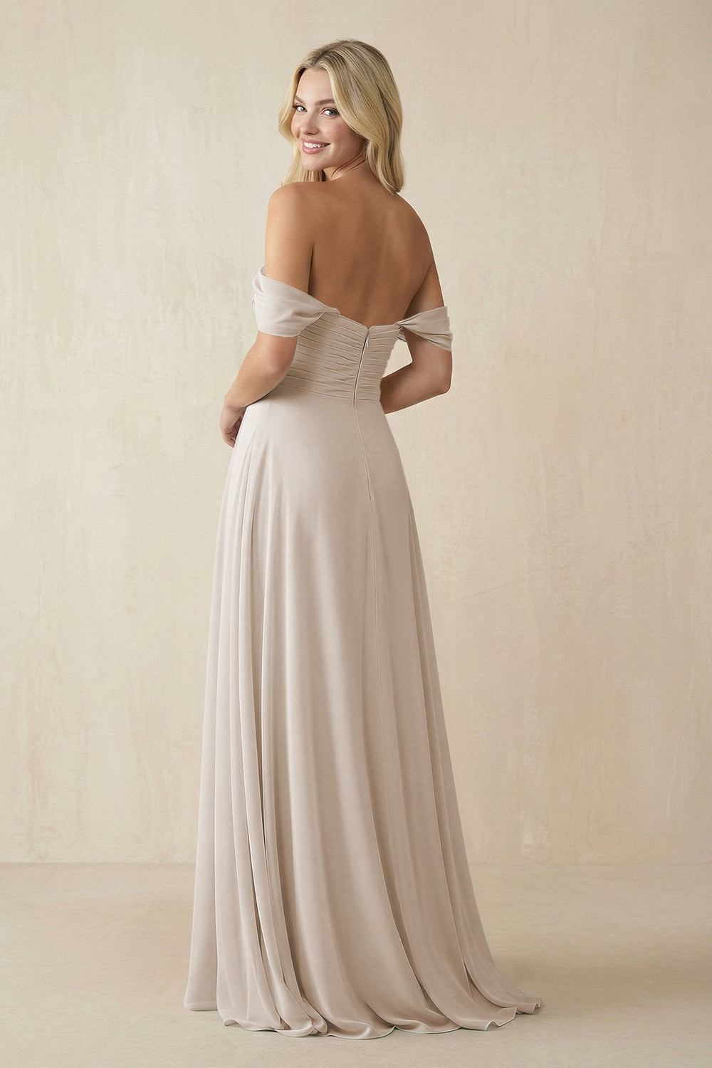 Off - the - Shoulder Chiffon A - Line Long Bridesmaid Dress in Frost - KissProm Bridesmaid Dresses