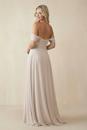 Off - the - Shoulder Chiffon A - Line Long Bridesmaid Dress in Frost - KissProm Bridesmaid Dresses
