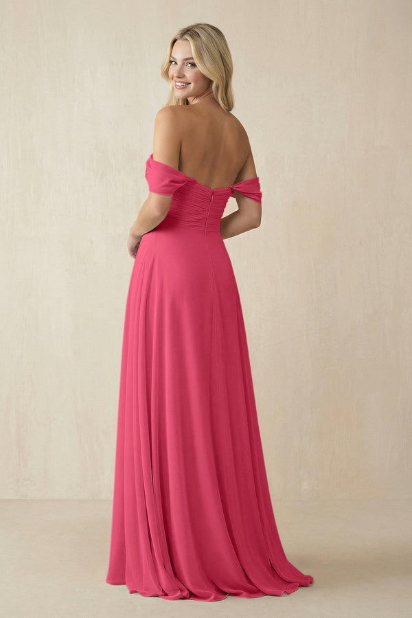 Off - the - Shoulder Chiffon A - Line Long Bridesmaid Dress in Fuchsia - KissProm Bridesmaid Dresses