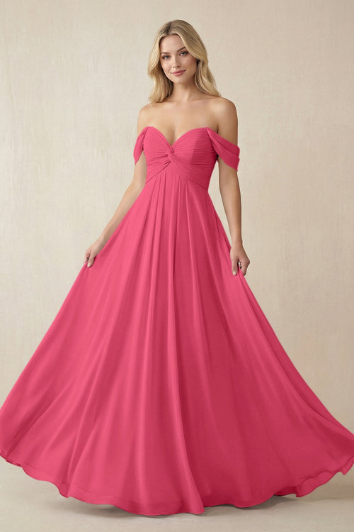 KissProm | Off-the-Shoulder Chiffon A-Line Long Bridesmaid Dress in Fuchsia