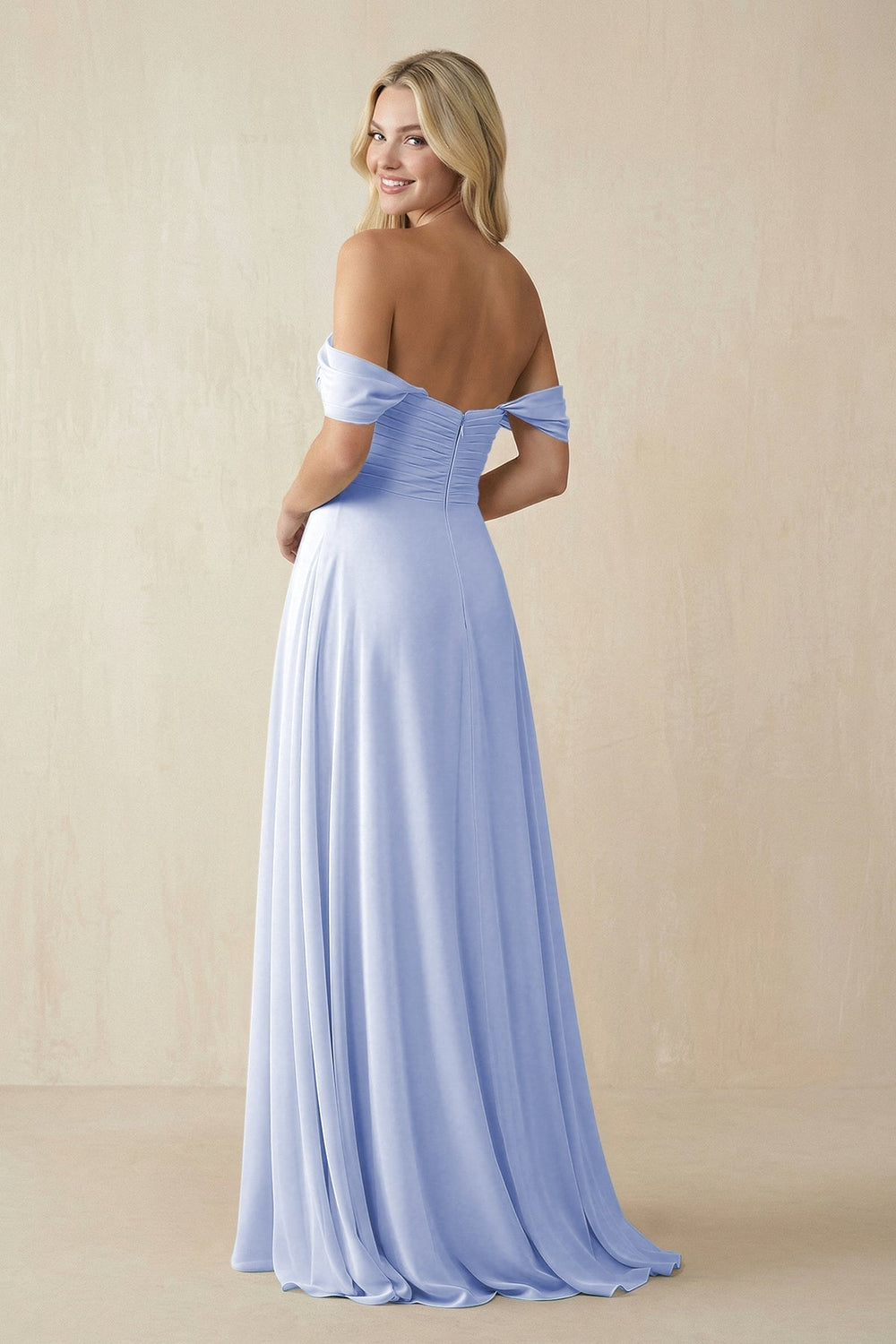 Off - the - Shoulder Chiffon A - Line Long Bridesmaid Dress in Ice - KissProm Bridesmaid Dresses