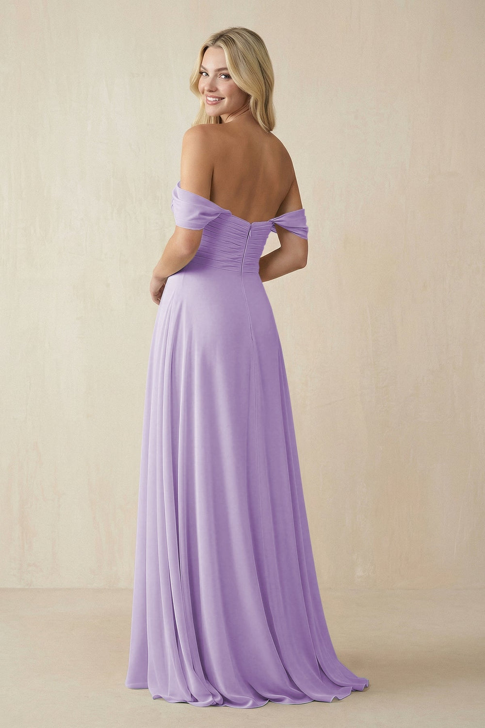 Off - the - Shoulder Chiffon A - Line Long Bridesmaid Dress in Lavender - KissProm Bridesmaid Dresses