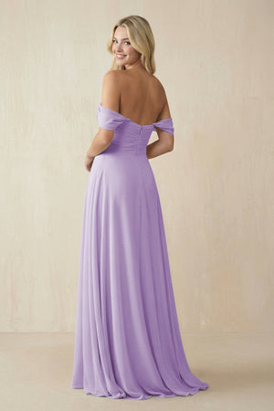 Off - the - Shoulder Chiffon A - Line Long Bridesmaid Dress in Lavender - KissProm Bridesmaid Dresses